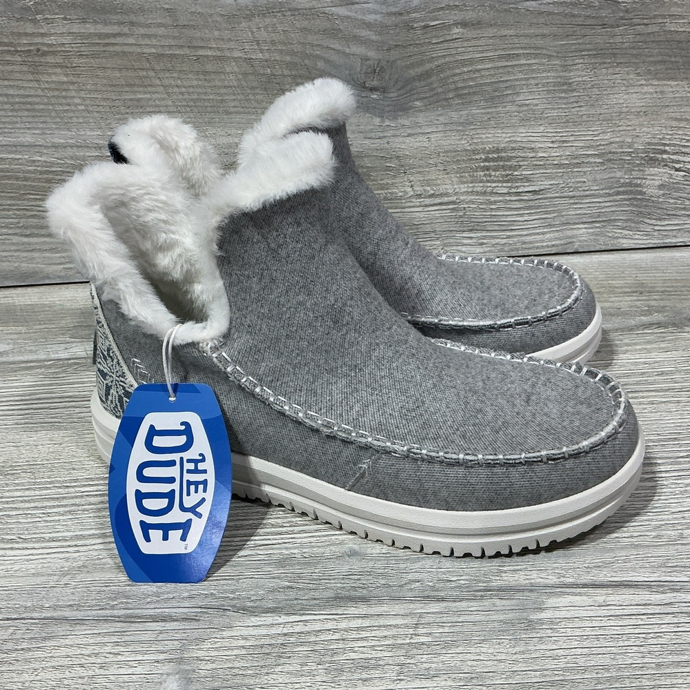 Hey Dude Womens Size 10 Grey Camden Brushed Cozy Boots Faux Fur Lined Slip On